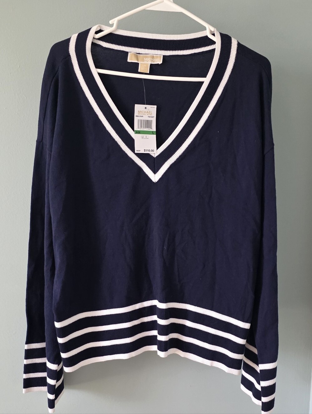 Michael Kors Navy and White V-Neck Striped Trim Sweater Size L